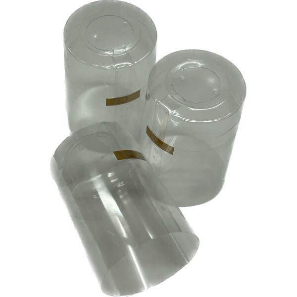 Clear shrink caps with a gold tear tab and clear closed top